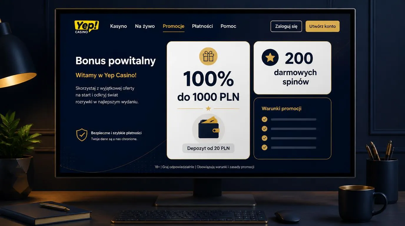 Panel bonusu powitalnego z ofertą 100% do 1000 PLN, 200 darmowymi spinami i depozytem od 20 PLN