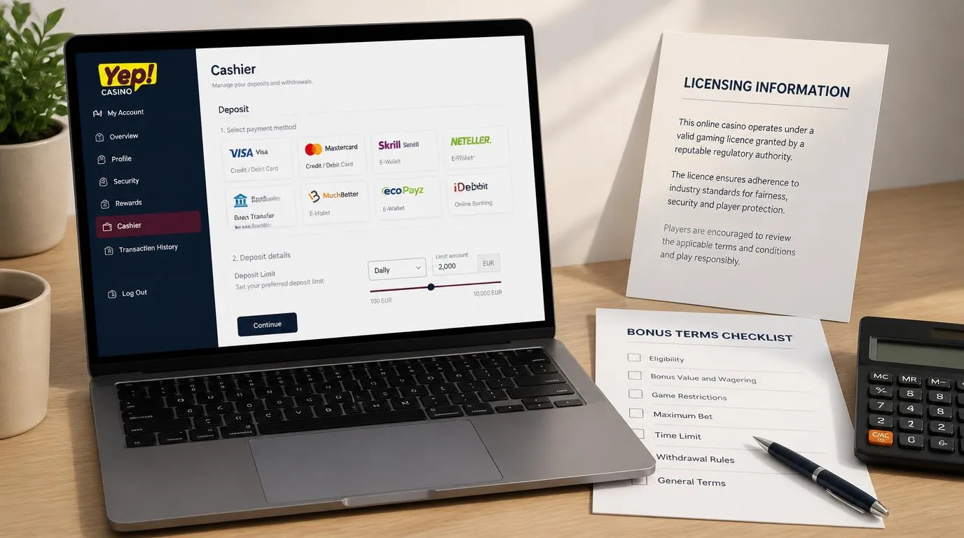 Panel recenzji kasyna z dokumentem licencyjnym, warunkami bonusu i ekranem limitów wpłat