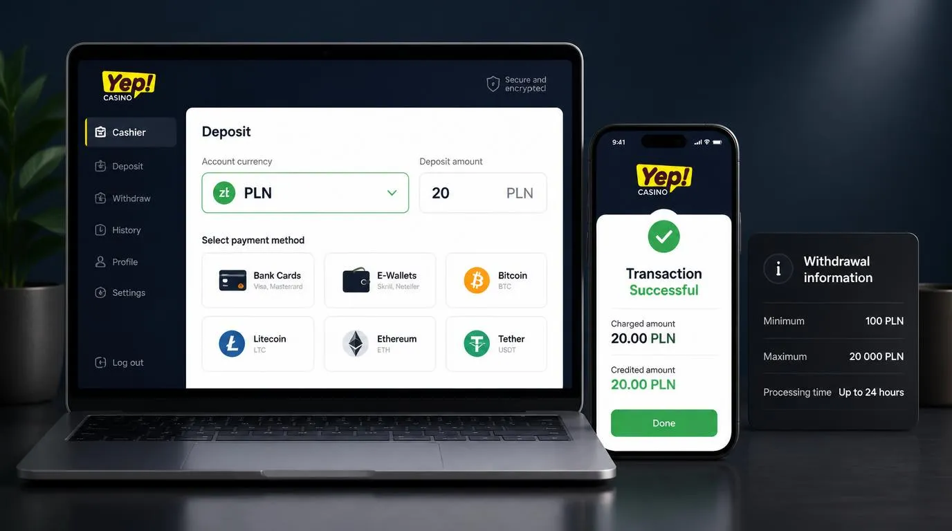 Panel kasjera z saldem PLN, kartami płatniczymi, portfelami elektronicznymi i opcjami wpłat kryptowalutowych